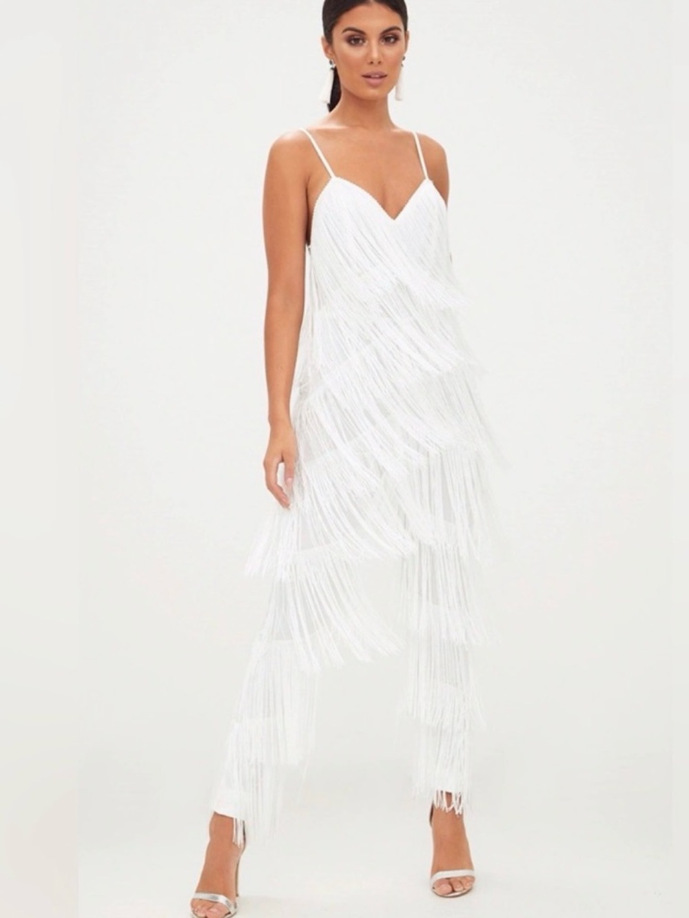 PrettyLittleThing White Fringe Jumpsuit